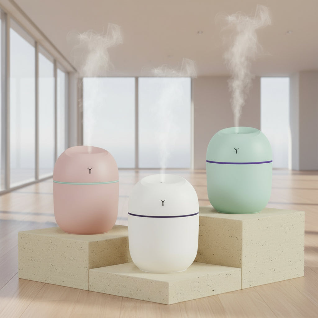 Three colorful humidifiers emitting steam on a neutral background